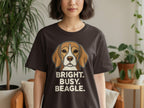 Brown t-shirt with a beagle dog illustration and "BRIGHT. BUSY. BEAGLE." text.