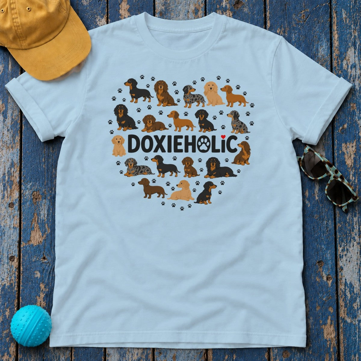 Doxieholic Heart Dachshund T-Shirt in Light Blue