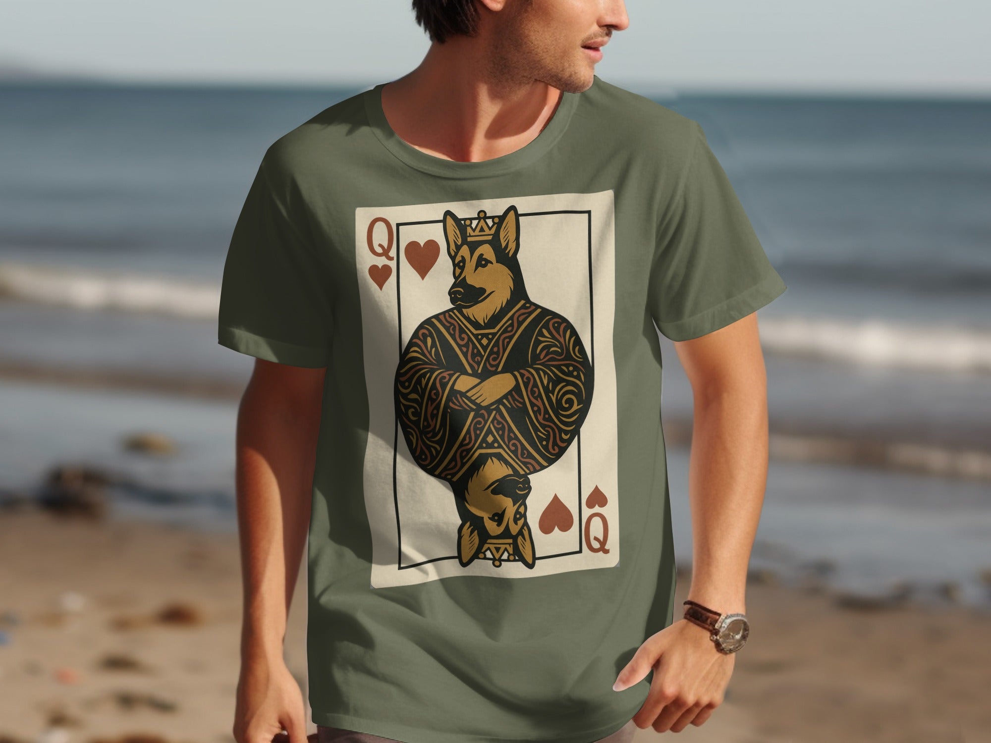 German Shepherd Queen of Hearts playing card graphic on a green t-shirt.