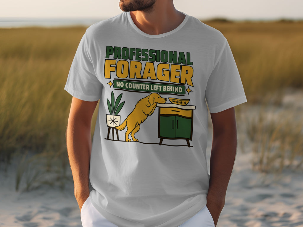T-shirt with "PROFESSIONAL FORAGER NO COUNTER LEFT BEHIND" text and a dog.