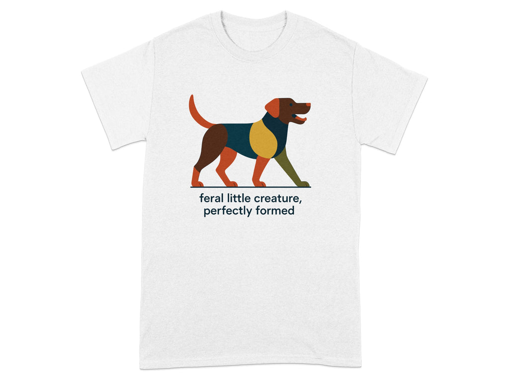 White t-shirt with abstract dog graphic and text.