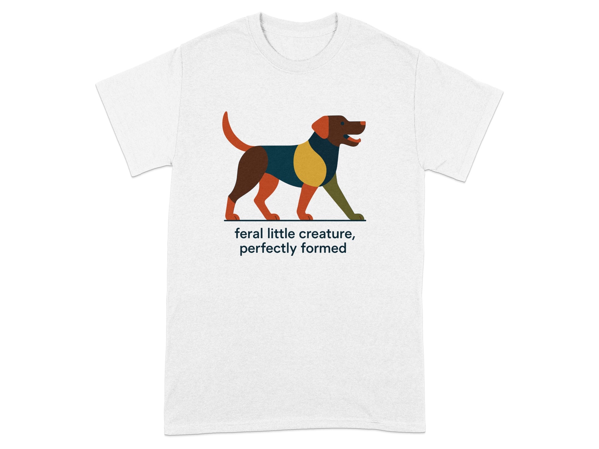 White t-shirt with abstract dog graphic and text.