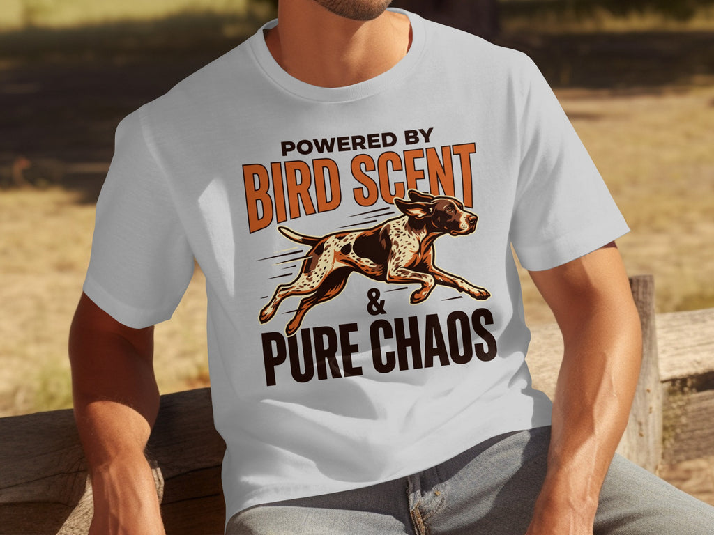 White t-shirt with dog running and text "Powered by Bird Scent & Pure Chaos."