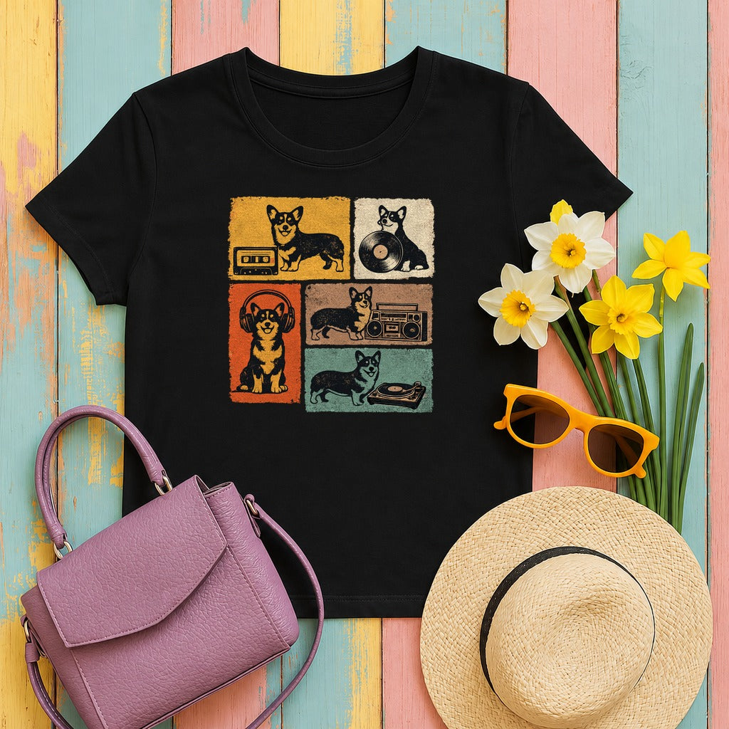 Retro Corgi Mixtape Vibe T-Shirt in Black