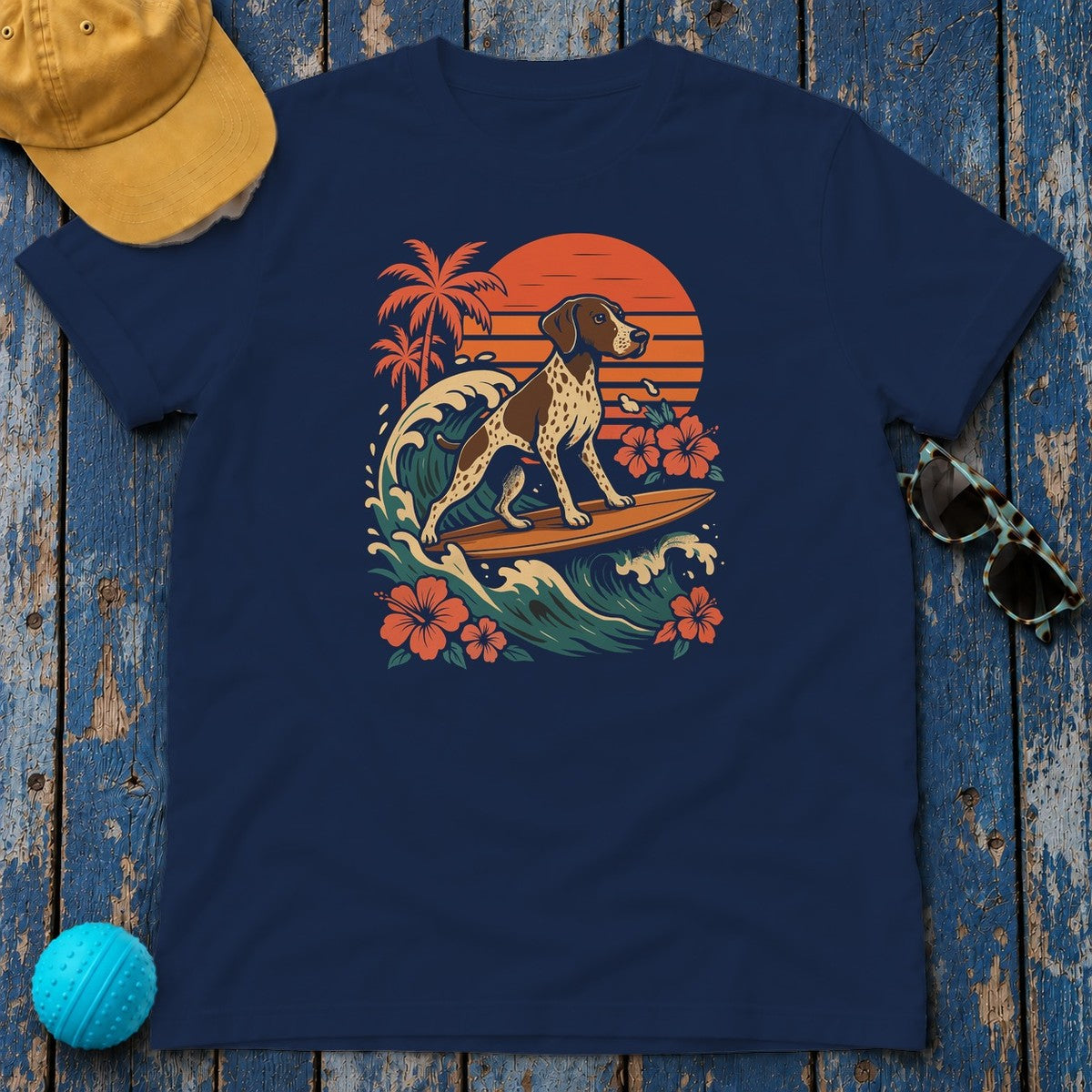 Surfing German Shorthaired Pointer On Waves T-Shirt in Navy