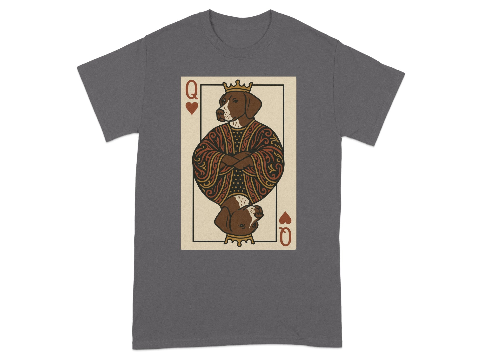 Queen of Hearts playing card graphic with a dog wearing a crown.