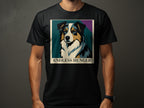 Black t-shirt with a framed colorful portrait of an Australian Shepherd dog and text "ENDLESS HUNGER".