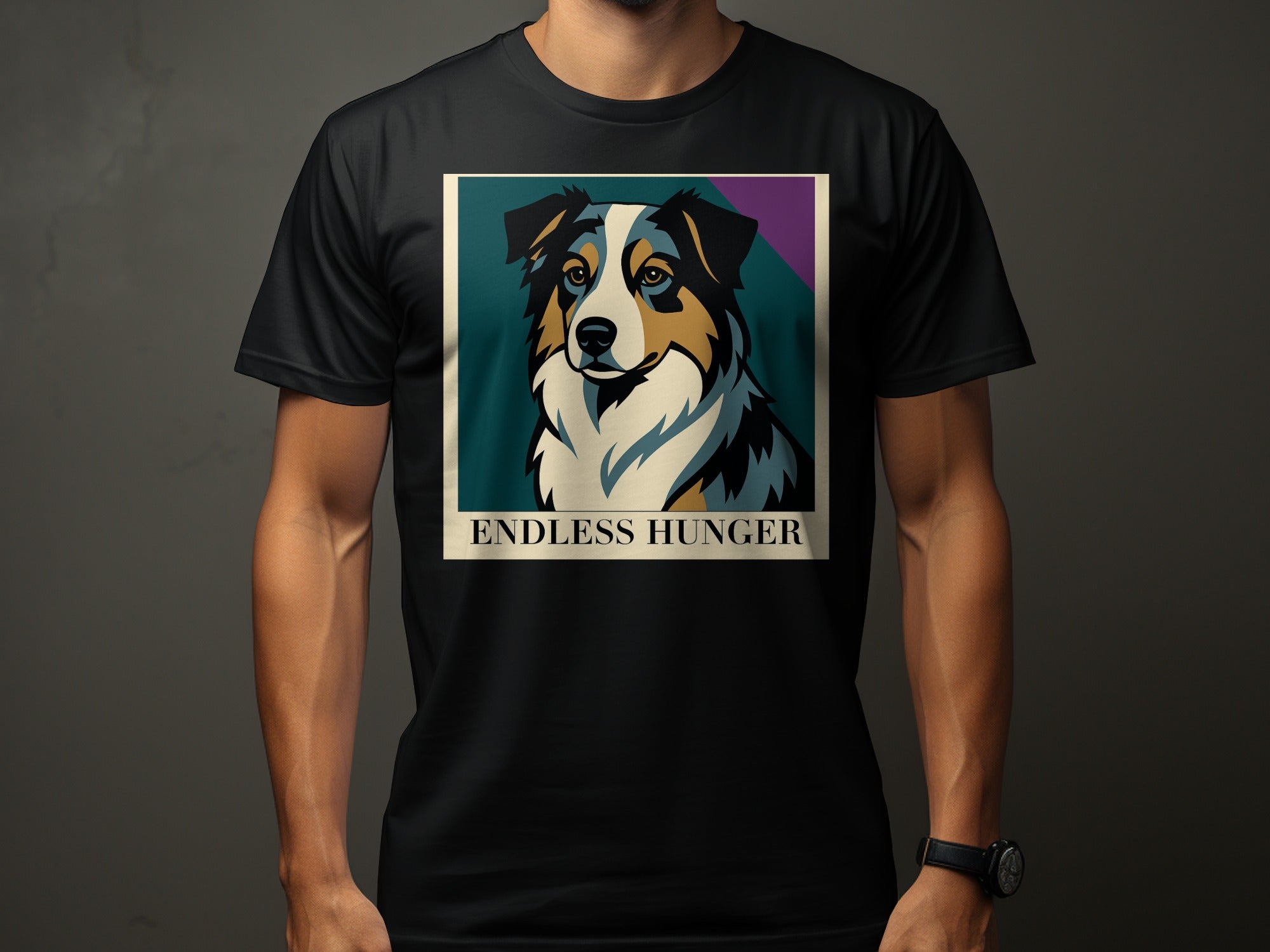 Black t-shirt with a framed colorful portrait of an Australian Shepherd dog and text "ENDLESS HUNGER".
