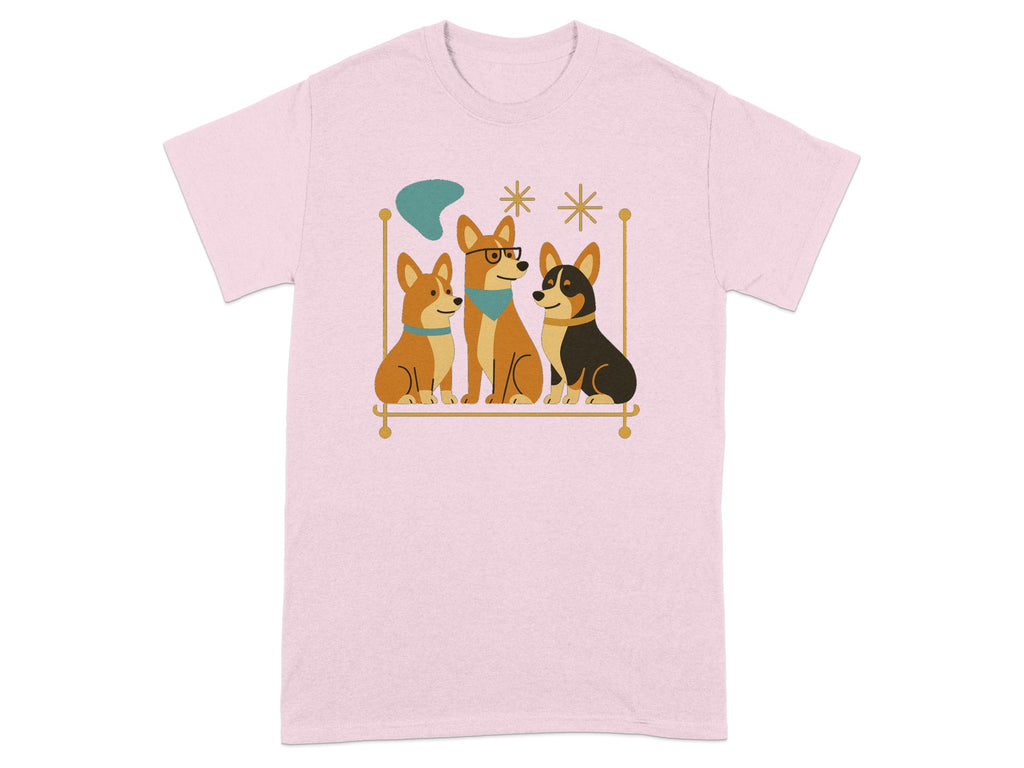 Pink t-shirt with cartoon illustration of three corgi dogs sitting on a shelf.