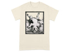 Beige t-shirt with a framed black and white sketch of a basset hound lying on its back.