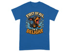 Blue t-shirt with a dachshund splashing in water and text "First of all, I'm a DELIGHT".