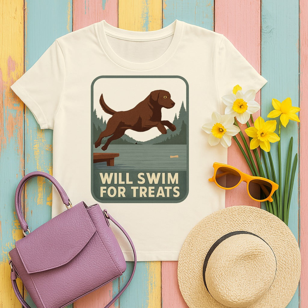 Chocolate Lab Will Swim for Treats T-shirt in Natural
