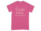 Pink t-shirt with a line drawing of a dog and the text "Slow down, enjoy walks".