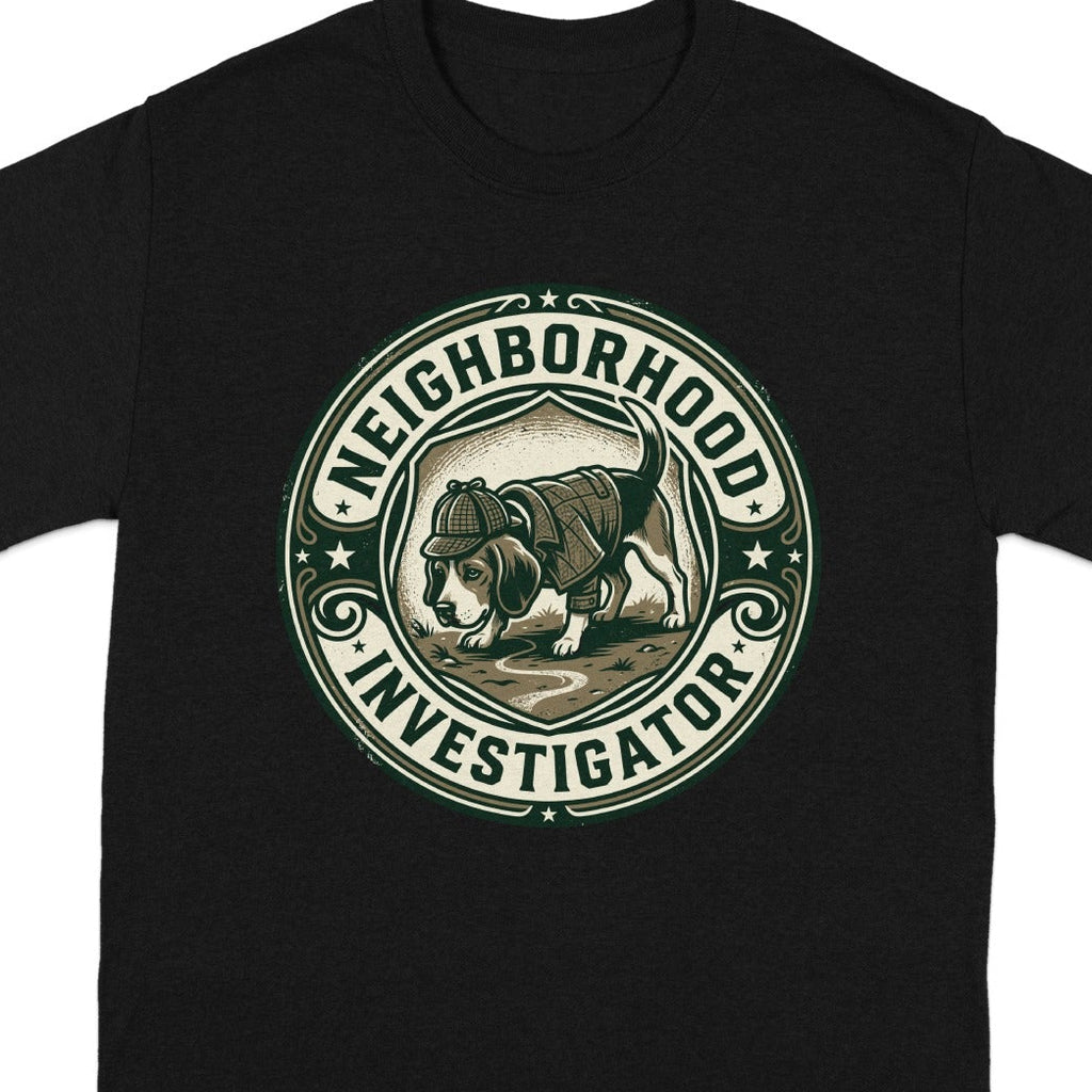 Black t-shirt with "Neighborhood Investigator" circular logo featuring a dog in a hat.