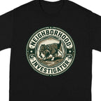 Black t-shirt with "Neighborhood Investigator" circular logo featuring a dog in a hat.