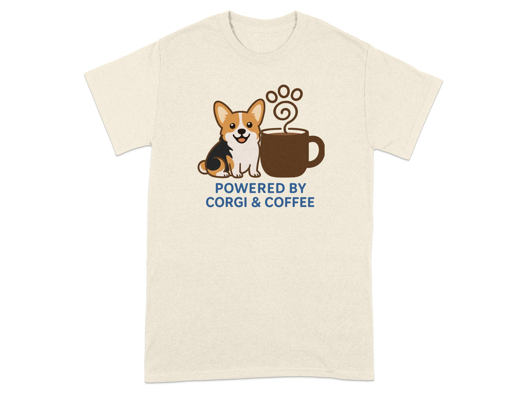 Cream t-shirt with a corgi and coffee mug graphic, reading "Powered by Corgi & Coffee".