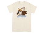 Cream t-shirt with a corgi and coffee mug graphic, reading "Powered by Corgi & Coffee".