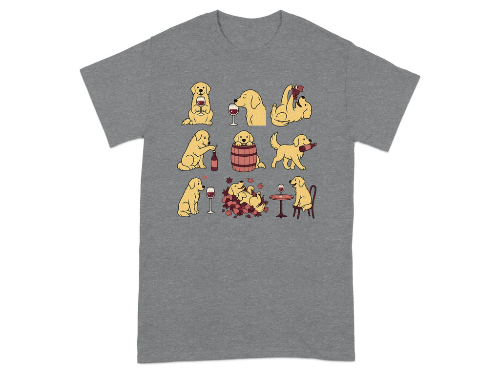 Golden retrievers enjoying wine and grapes in various playful poses.