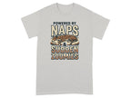 Grey t-shirt with "Powered by Naps & Sudden Zoomies" text and sleeping dog.
