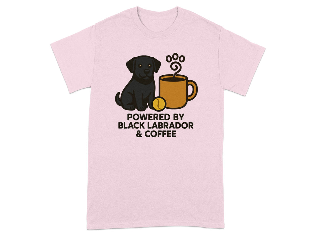 Pink t-shirt with black Labrador dog, coffee cup, and text.