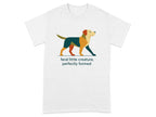 White t-shirt with geometric dog design and text "feral little creature, perfectly formed."