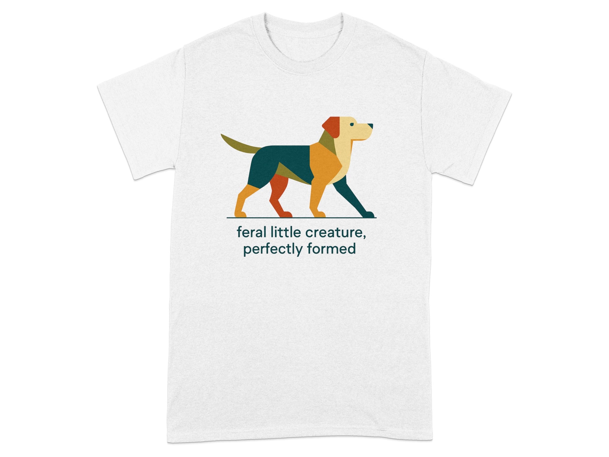 White t-shirt with geometric dog design and text "feral little creature, perfectly formed."