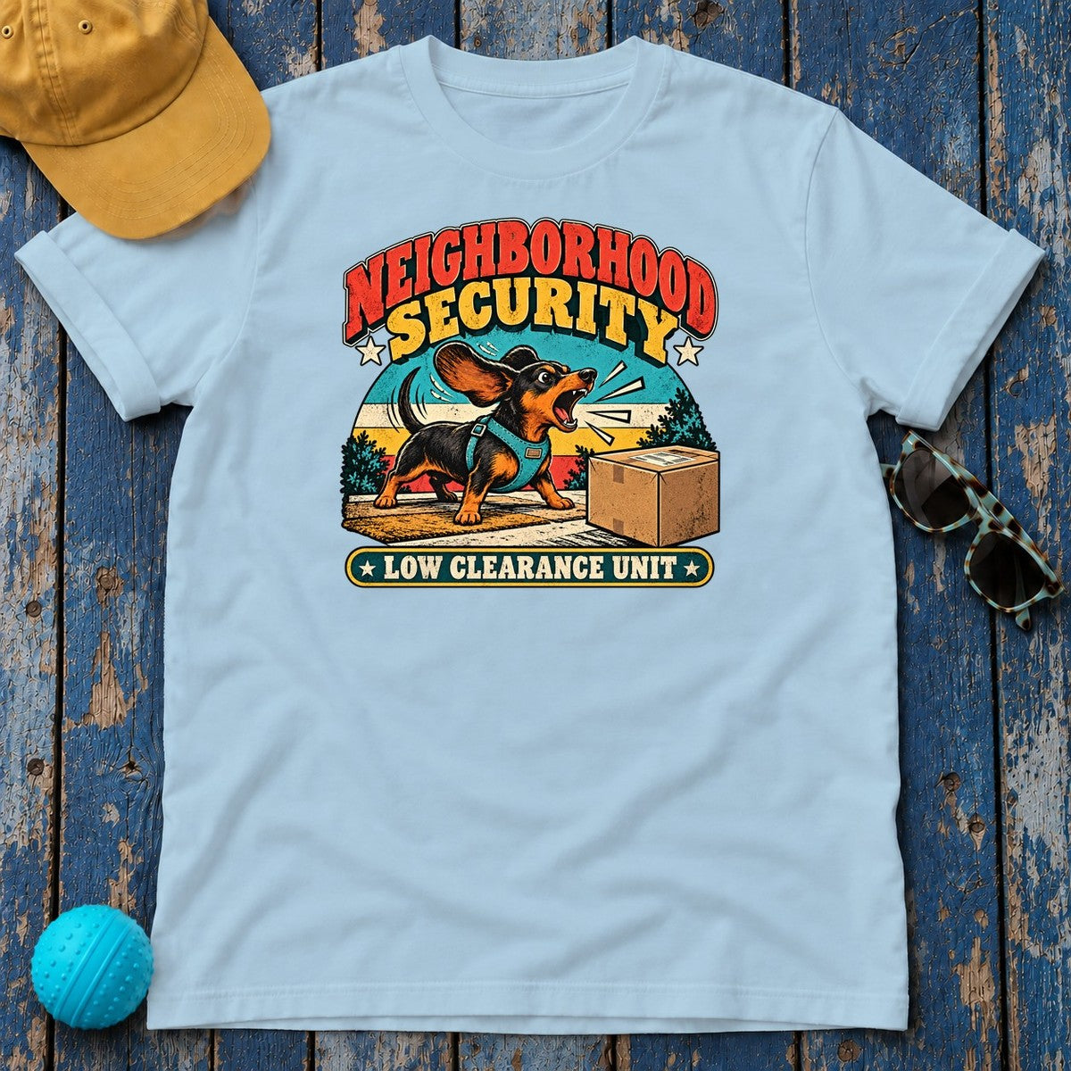 Neighborhood Security Low Clearance Unit Dachshund T-Shirt in Light Blue - flat lay