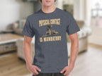 Dark t-shirt with "PHYSICAL CONTACT IS MANDATORY" and a dog graphic.