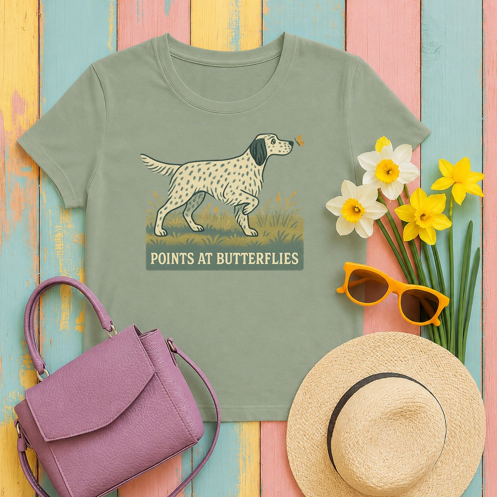 English Setter Points at Butterflies Tee in Sage