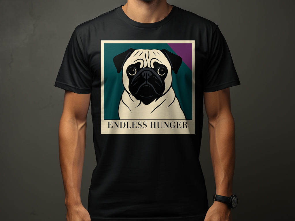 Black t-shirt featuring a cream color pug illustration with text "ENDLESS HUNGER."