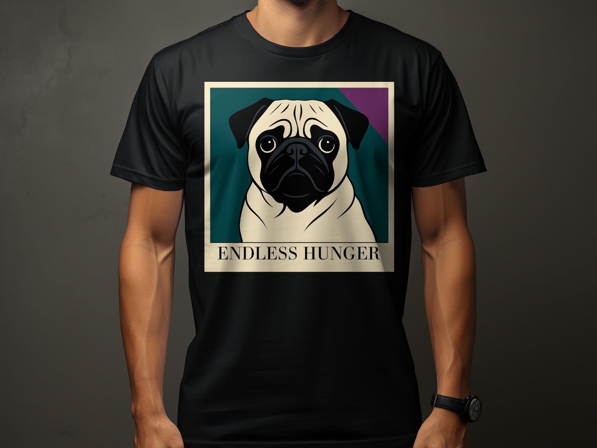 Black t-shirt featuring a cream color pug illustration with text "ENDLESS HUNGER."