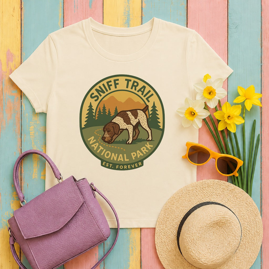 german wirehaired pointer sniff-trail-park tee flat lay hero