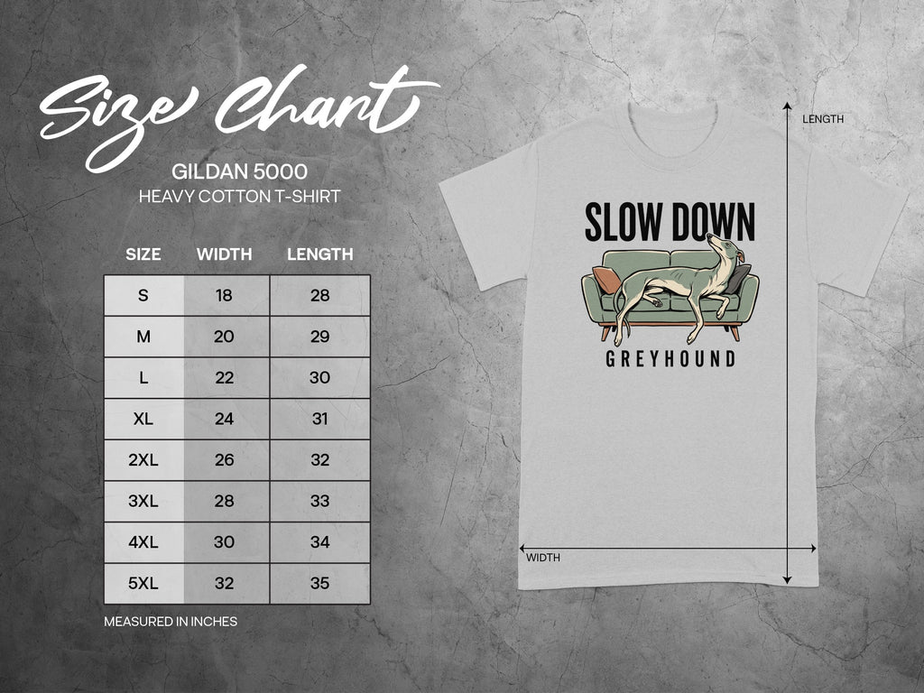 Gildan 5000 t-shirt size chart with Greyhound graphic.