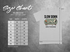 Gildan 5000 t-shirt size chart with Greyhound graphic.