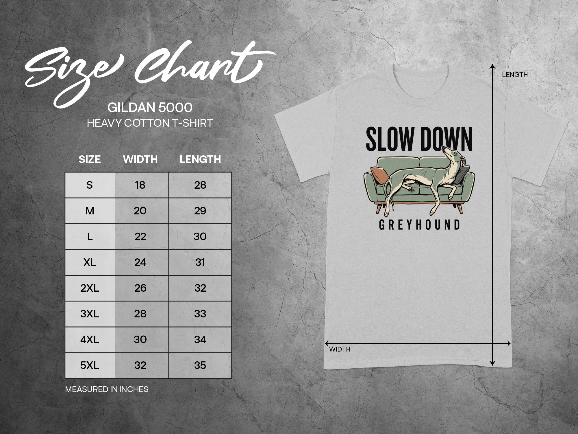 Gildan 5000 t-shirt size chart with Greyhound graphic.