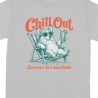 Corgi wearing sunglasses relaxes in a beach chair with a drink, text "Chill Out".
