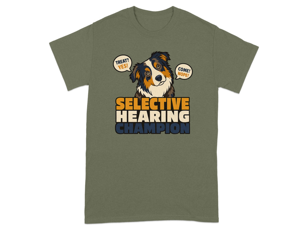 T-shirt with "Selective Hearing Champion" text and dog with speech bubbles.