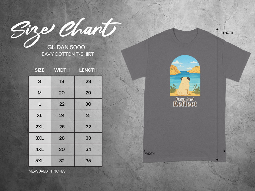 Gildan 5000 Heavy Cotton t-shirt size chart with pug graphic.