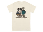 T-shirt graphic with Australian Shepherd dog next to coffee mug, reads "Powered by Australian Shepherd & Coffee".