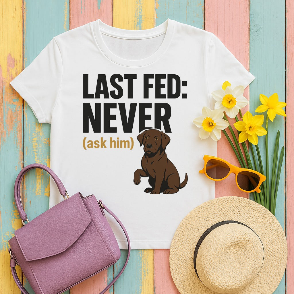 Chocolate Lab Last Fed Never T-shirt in White