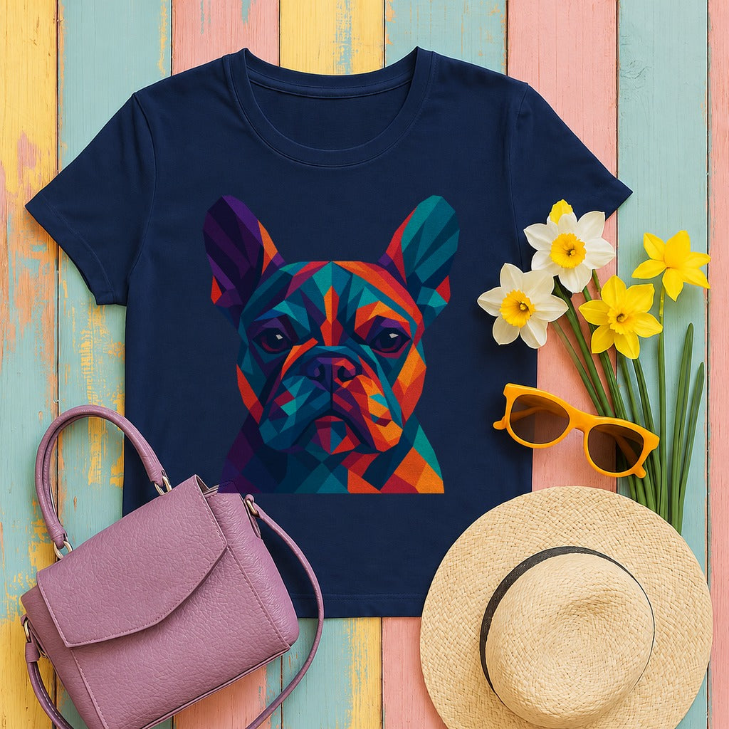Geometric Colorful Frenchie Face T-Shirt in Navy