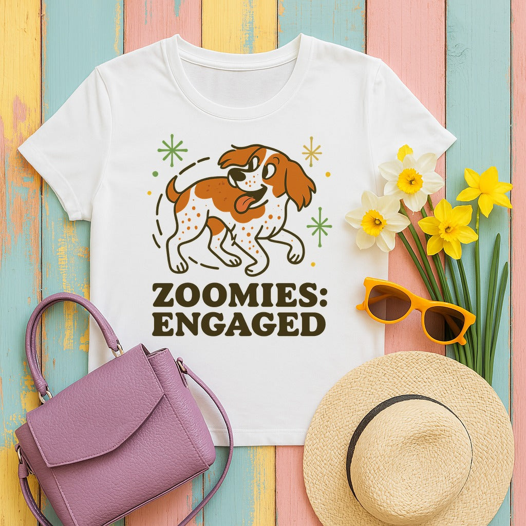 Brittany Spaniel Zoomies Engaged T-shirt in White