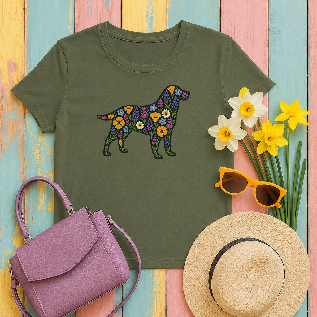 Floral Labrador Retriever Design Dog Lover Style Graphic Design T-Shirt in Military Green