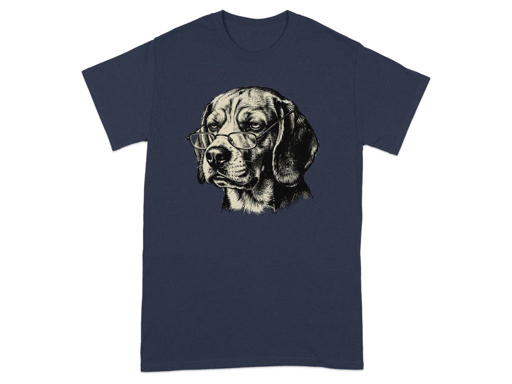 Beagle wearing glasses, black and white illustration on navy blue t-shirt.