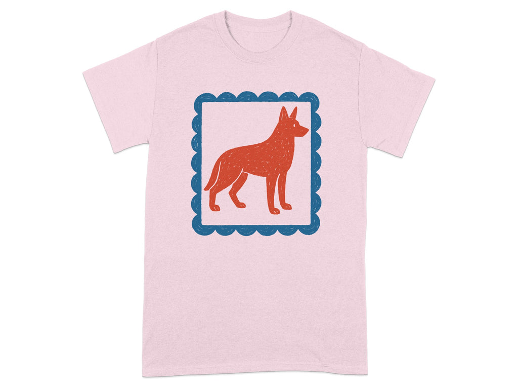 Stylish pink tee with red graphic dog design