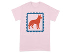 Stylish pink tee with red graphic dog design