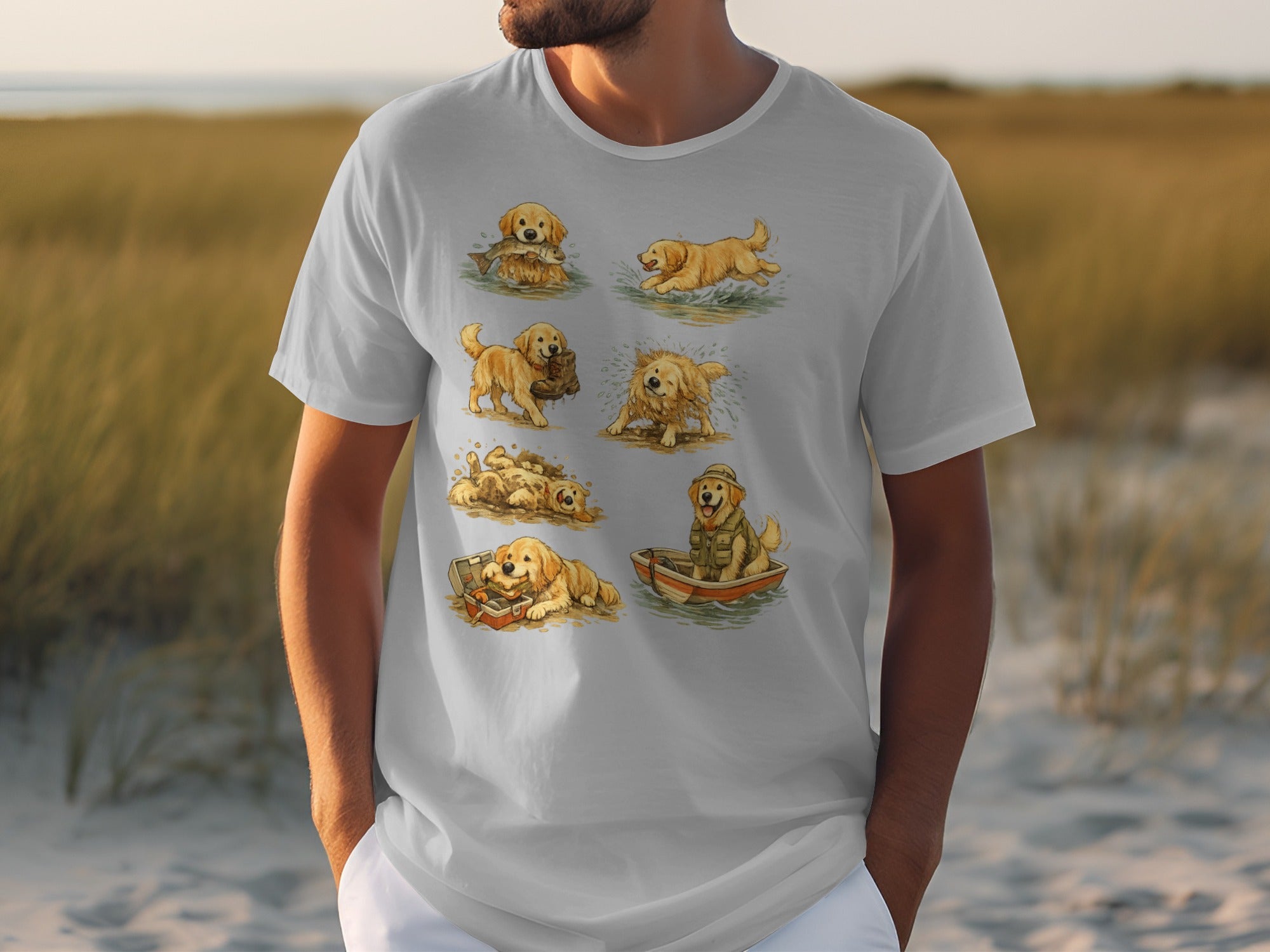 White t-shirt with artistic illustrations of golden retrievers in various outdoor activities.