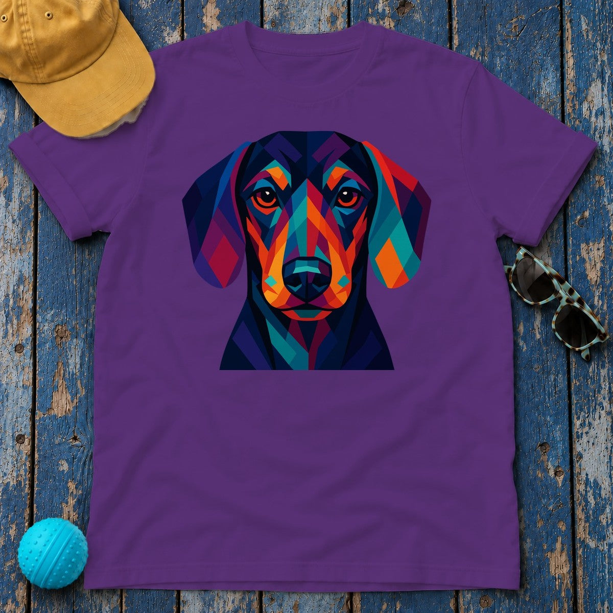 Colorful Geometric Dachshund Graphic Art Design T-Shirt in Purple