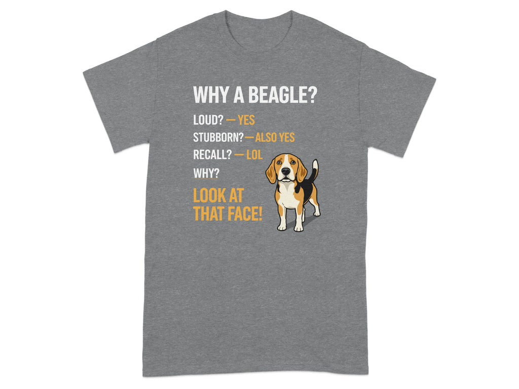 T-shirt with "Why a Beagle?" text and a beagle dog illustration.
