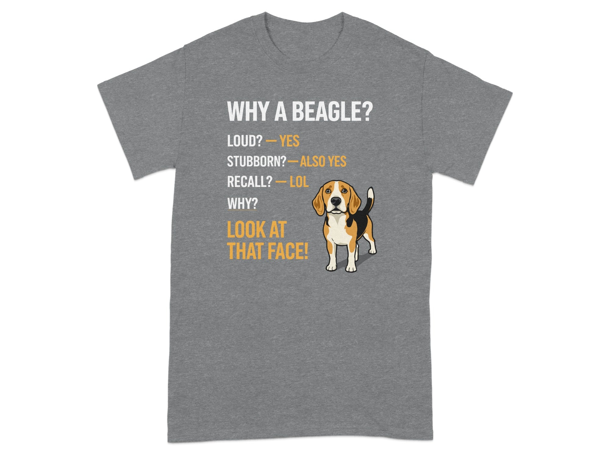 T-shirt with "Why a Beagle?" text and a beagle dog illustration.